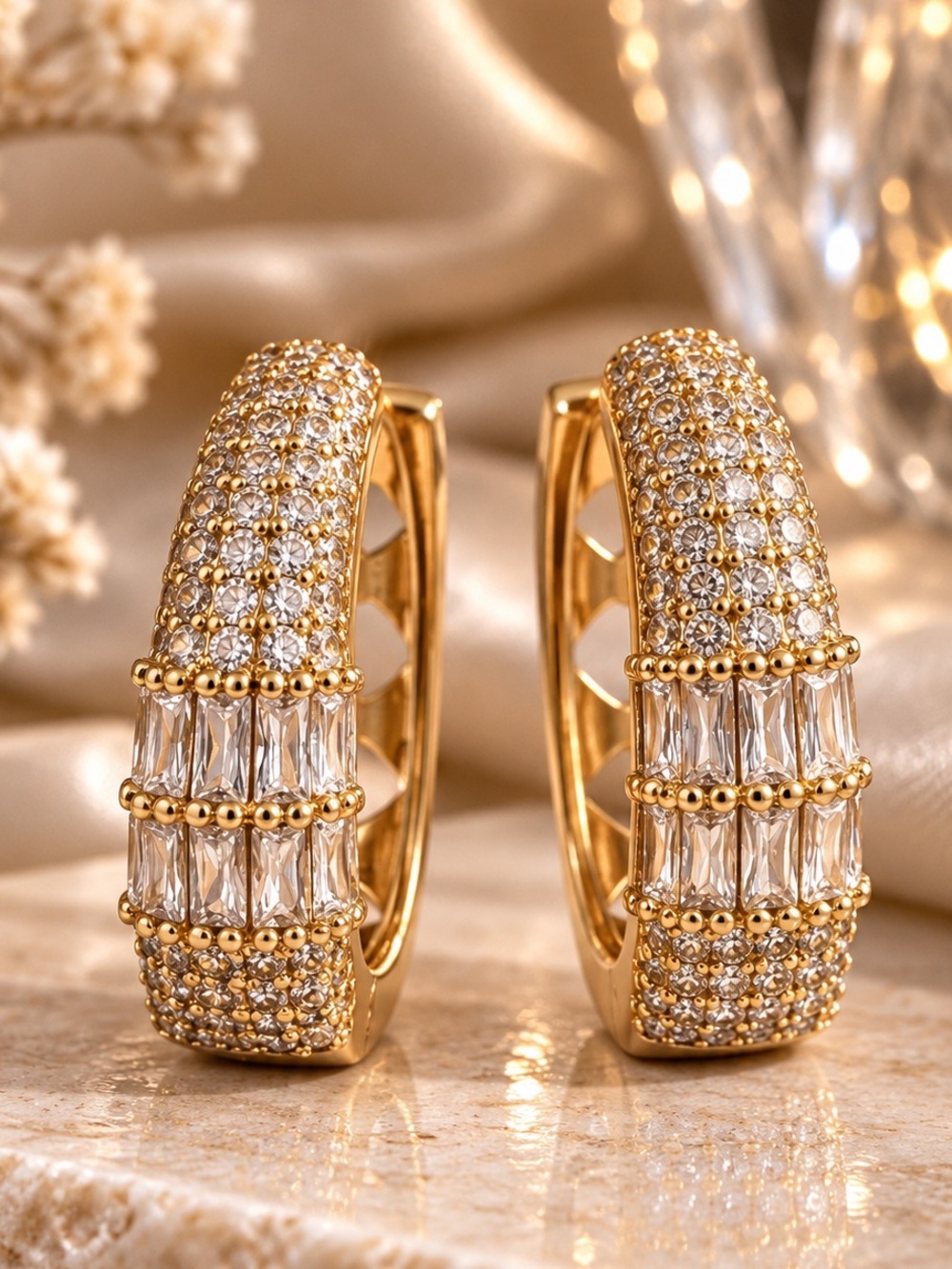 Gold Tone Crystal Hoop Earrings Sparkling Baguette Statement Jewelry
